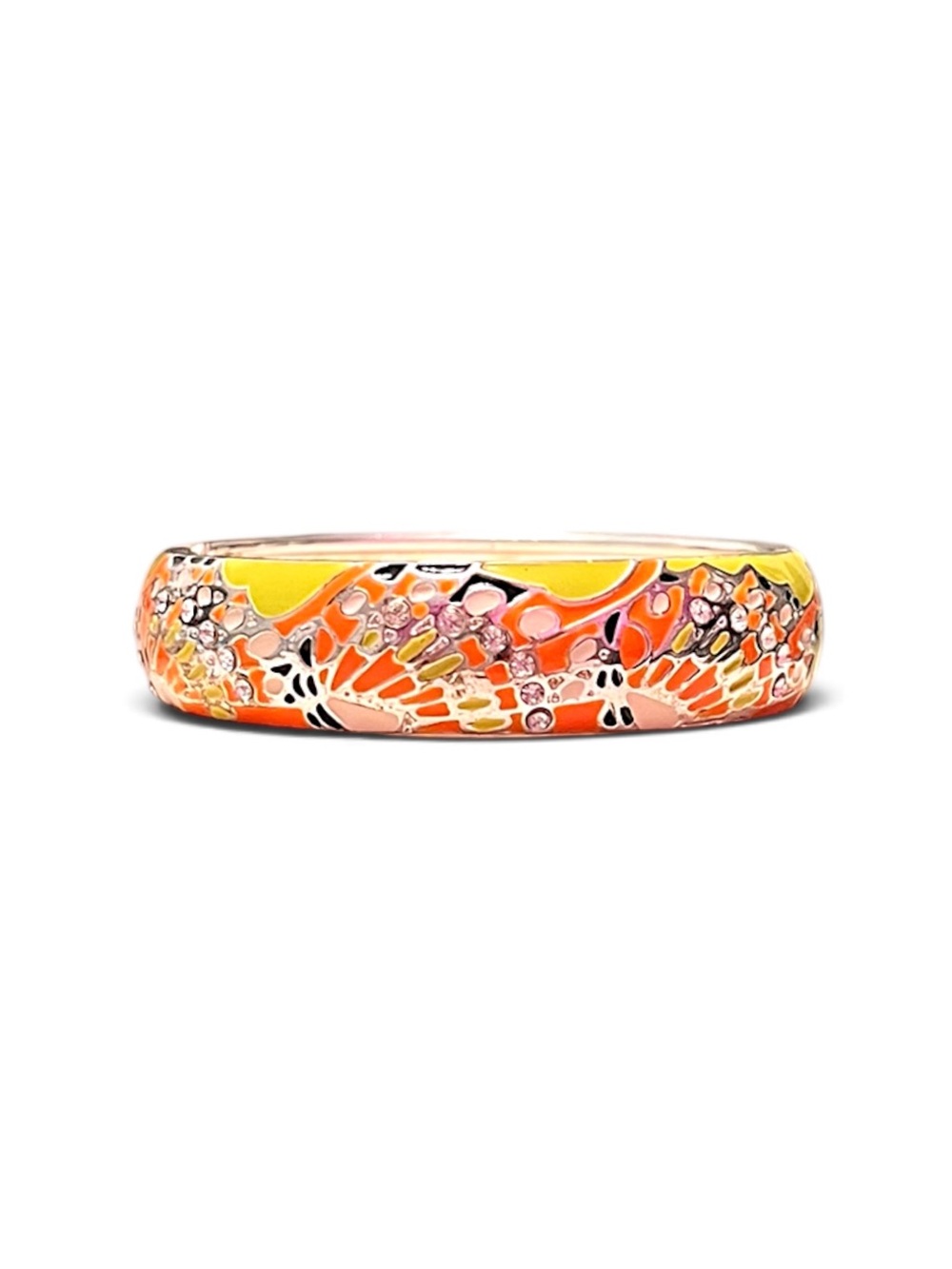 Sequin Silver Tone Orange & Green Enamel Butterfly Motif Hinged Bangle Bracelet